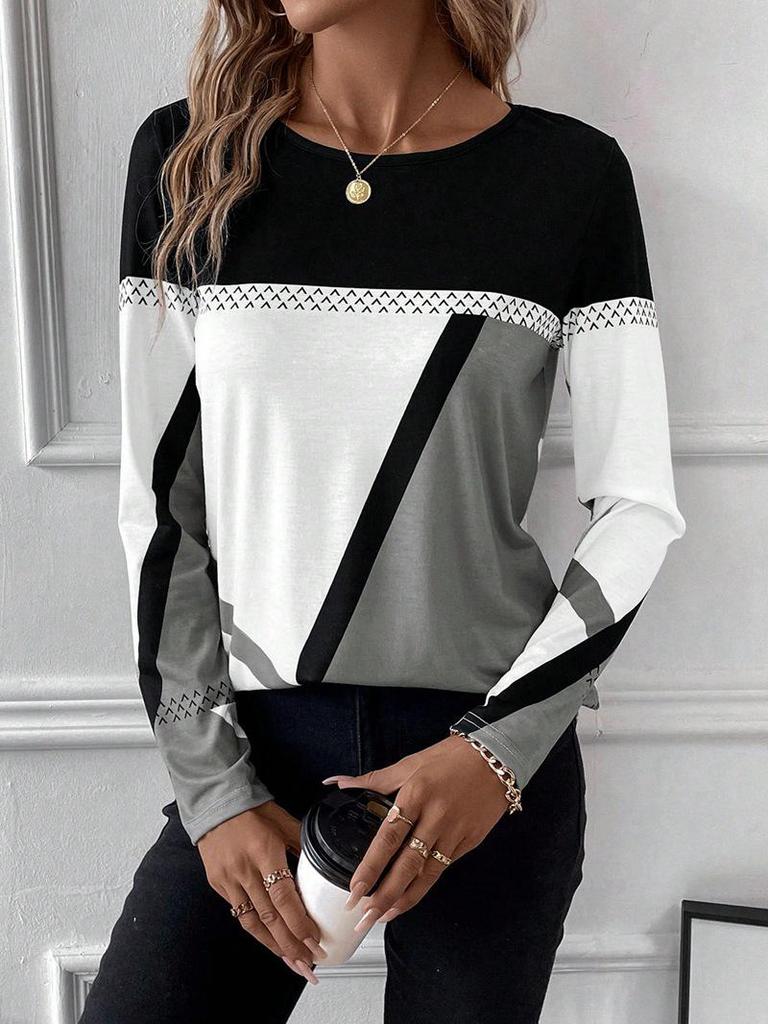 New Arrival Women's Pullover Round Neck Geometric Print Color Block T-shirt