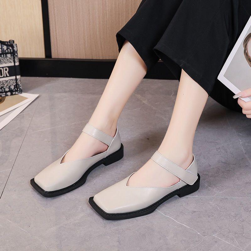 British lazy single shoes 2025 new French retro square head thick heel Mary Jane shoes small leather shoes women