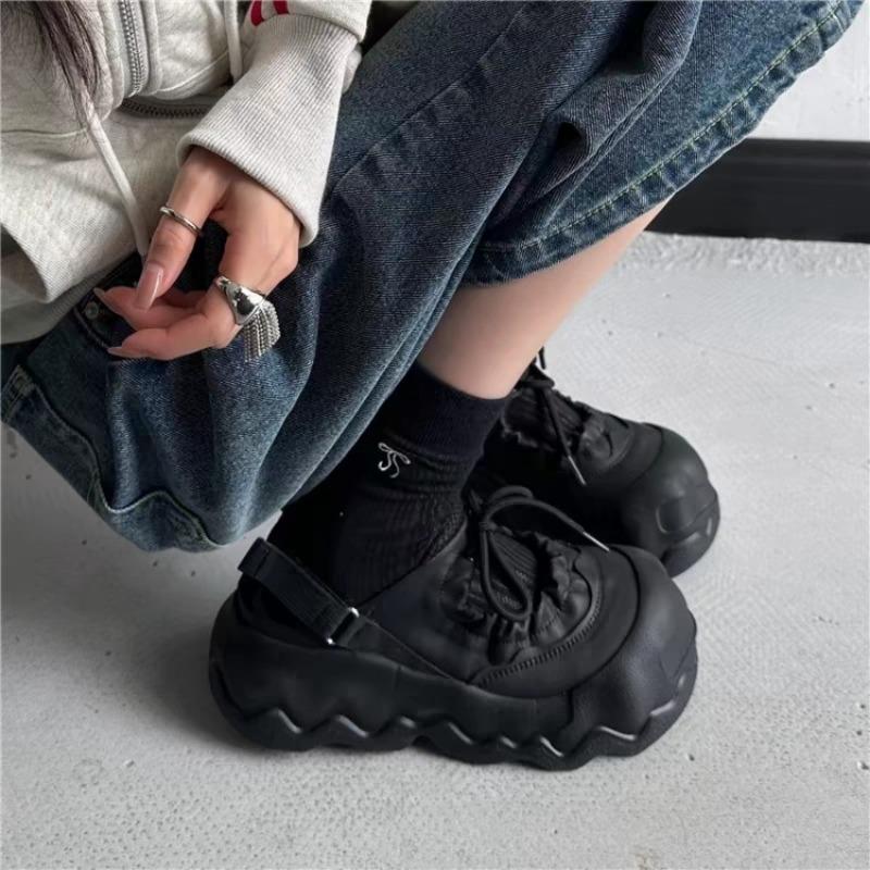 Spring New Big Head Bread Shoes Women's Dark Apricot Wave Thick Sole Fashion Casual Smile Single Shoes