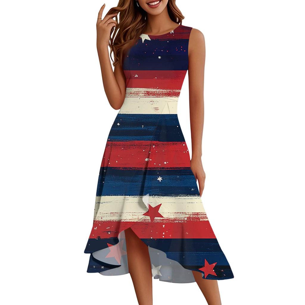 Women's Fashion Casual Zip Sleeveless Round Neck Independence Day Printed Elegant Temperament Ruffles Dress Dresses