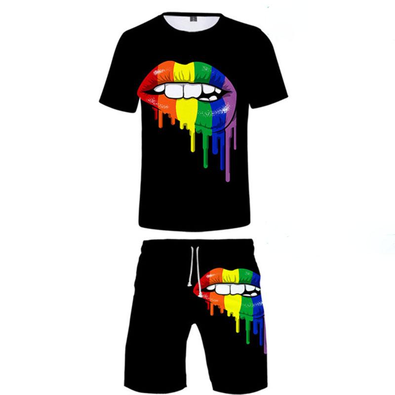 Elemente colorate Moda Imprimare 3D Bărbat Femei Seturi de tricouri Curcubeu LGBT Tricou Pantaloni scurți Set din două piese Casual Harajuku Streetwear