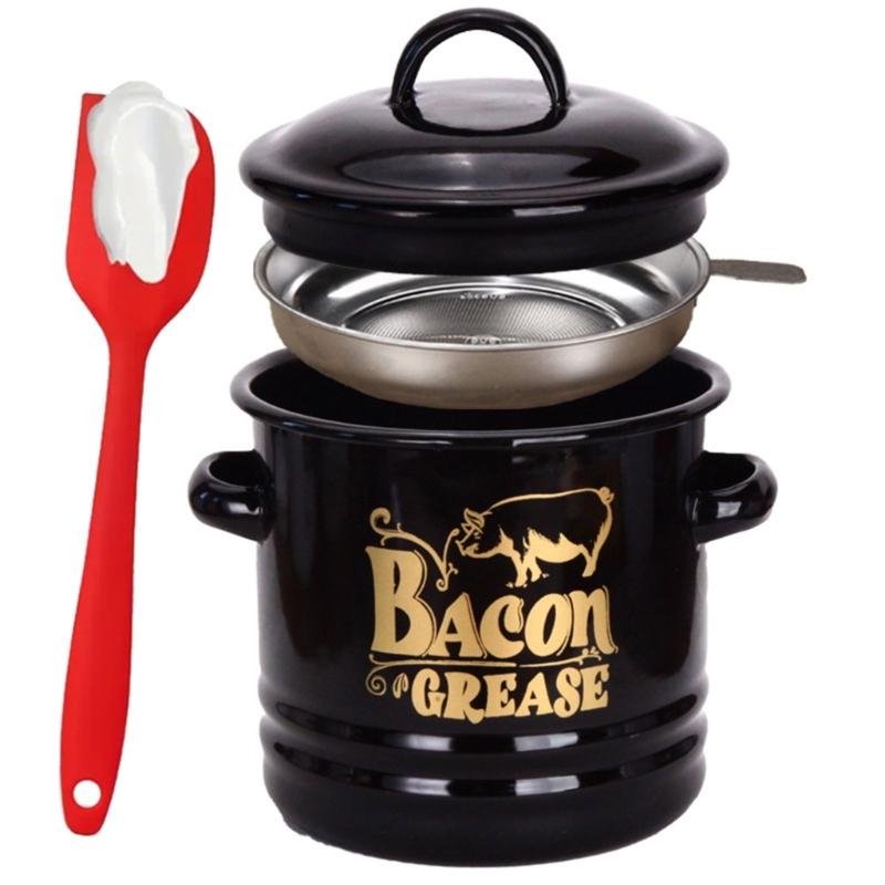 652F Enamel Bacons Grease Storage Container Jar with Strainer And Silicone Spatula Tool For Flavor Preserving Fat Keeper Box