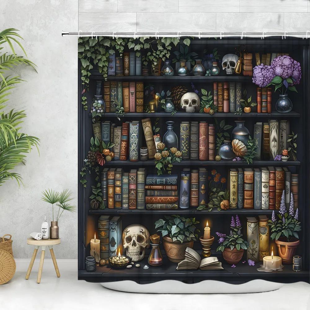 Vintage Library Shower Curtain Skull Candles Old Books Bookshelf Cat Plant Cartoon Home Polyester Fabric Bathroom Decor Curtains
