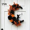 Indoor Dark Theme Soft Furnishings Halloween Black Cat Moon Wreath, Gothic Crescent Grapevine Wreath with Style Holiday Home Accents Rose Flowers,
