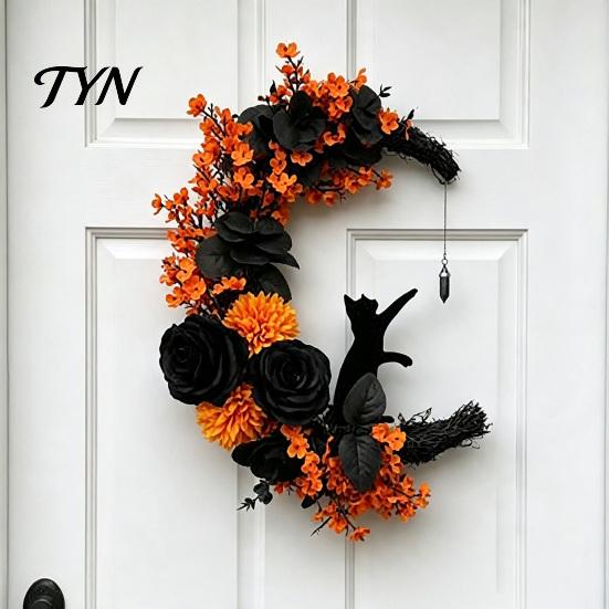 Indoor Dark Theme Soft Furnishings Halloween Black Cat Moon Wreath, Gothic Crescent Grapevine Wreath with Style Holiday Home Accents Rose Flowers,