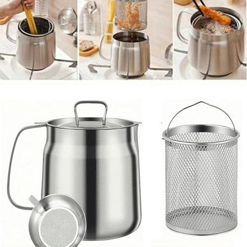 304 Stainless Steel Deep Fryer Pot 68oz with Basket amp; Strainer 2L Oil Filter Container for Bacon Grease Storage Dishwasher Safe Small Fryer Pot
