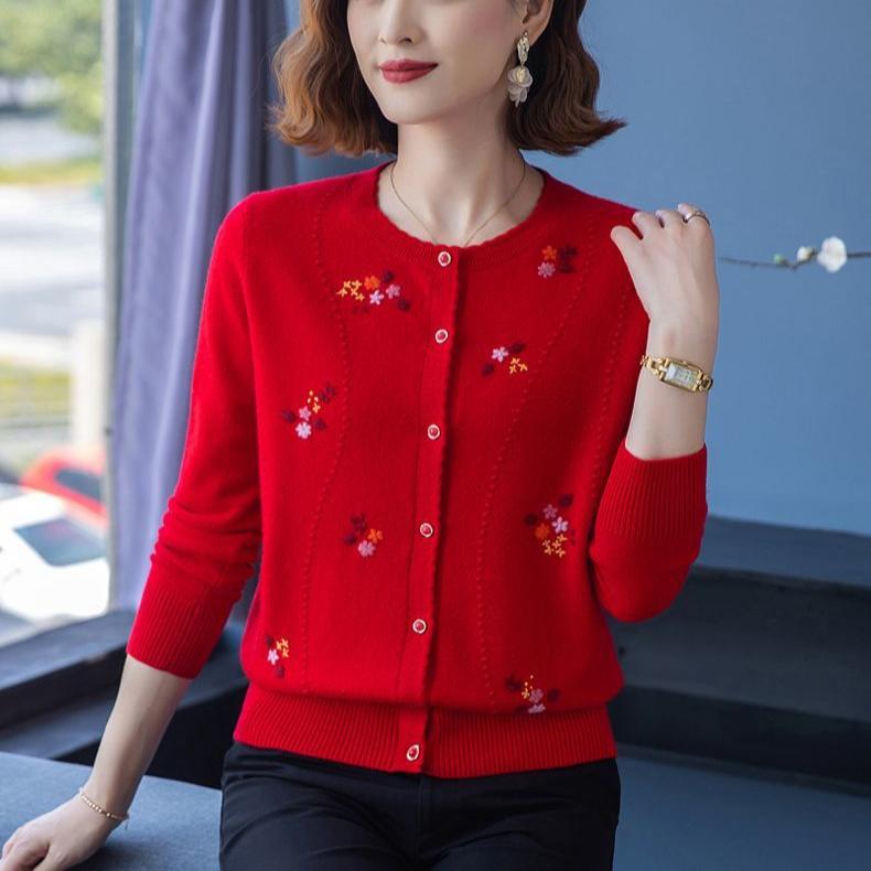 Autumn Winter Women's Wool Cardigan Round Neck Embroidered Knitted Jacket Cardigan Top