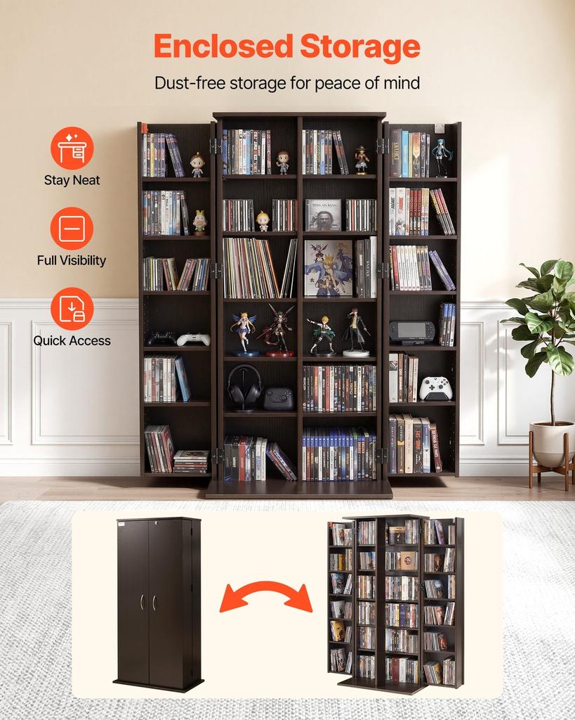 Media Storage Cabinet, 6-Tier DVD Shelf Organizer, 610 X 368 X 1270 Mm Multimedia Storage Organizer for CDs, DVDs, Books, Games, CD Shelf for Living