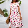 Women's Casual Fashion Round Neck Pleated Short Sleeve Floral Print A-Line Midi Dress