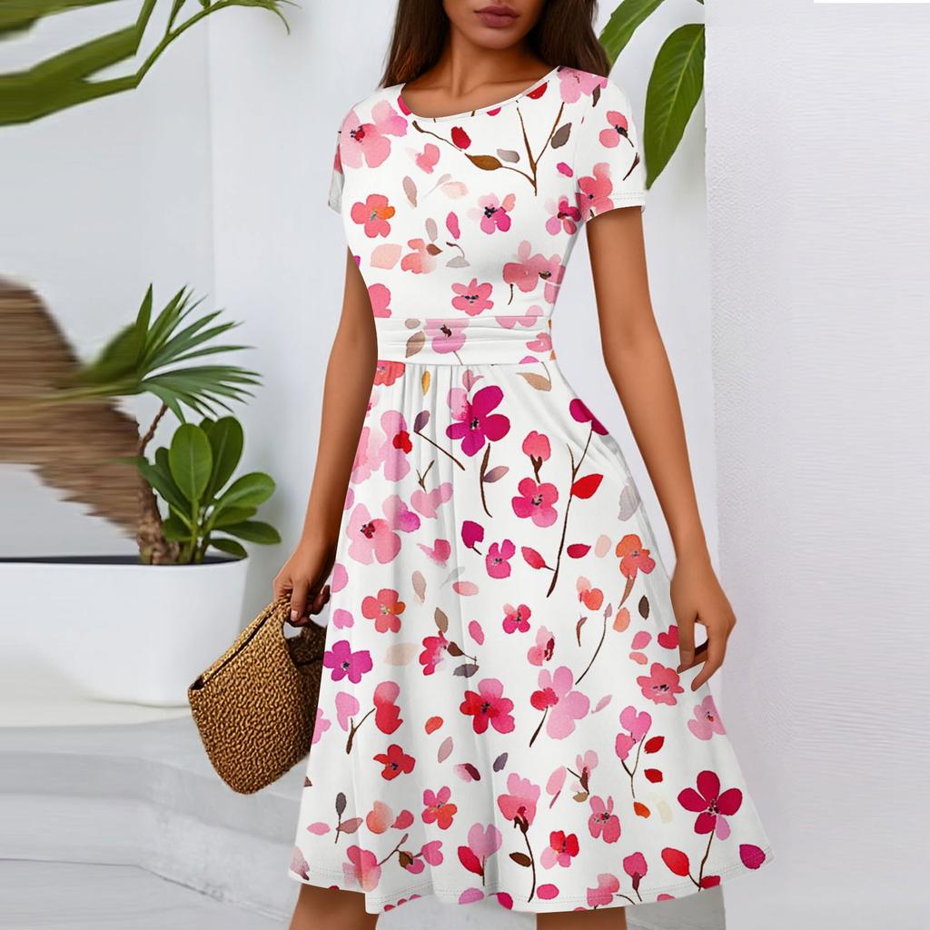 Women's Casual Fashion Round Neck Pleated Short Sleeve Floral Print A-Line Midi Dress