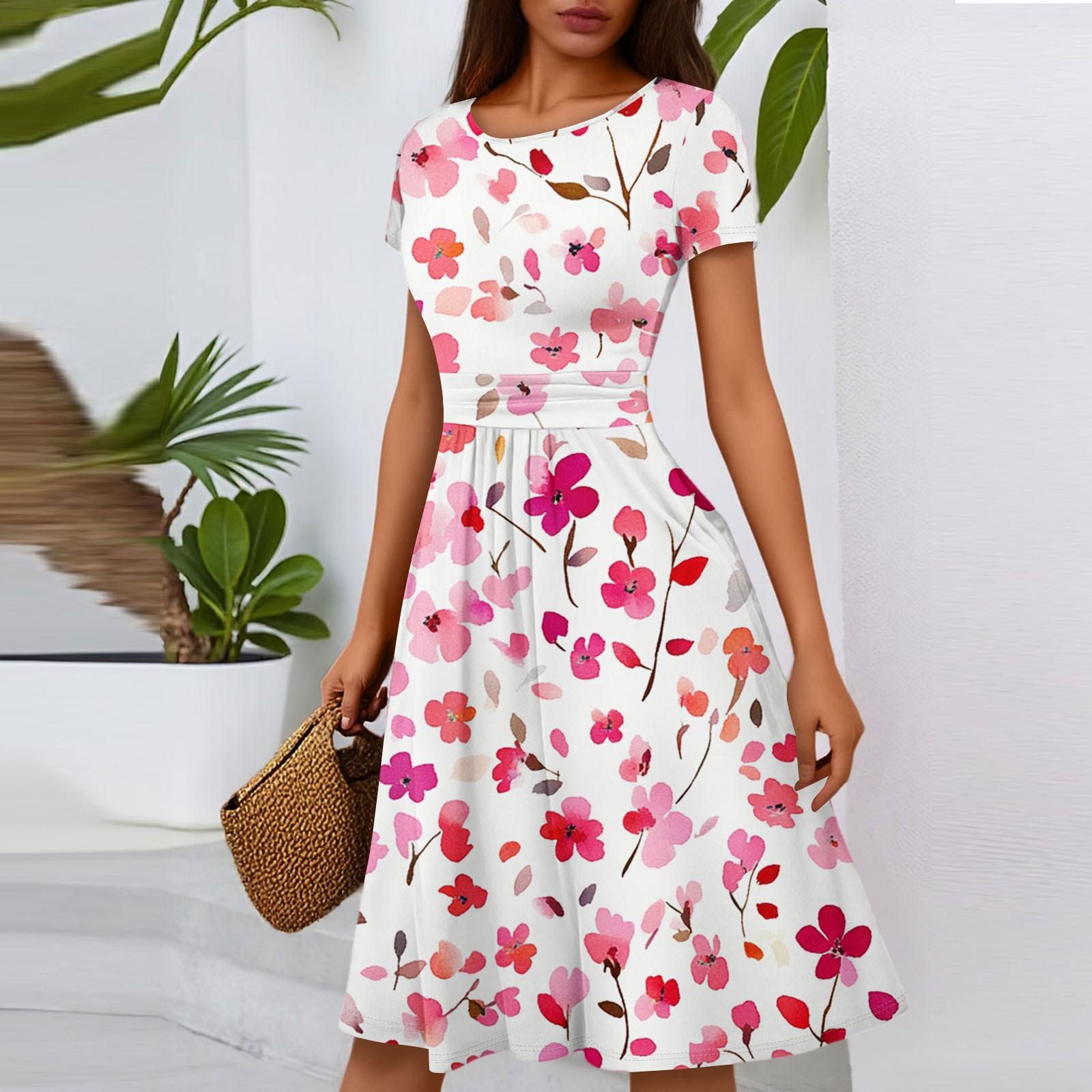 

Женское повседневное модное платье миди А-силуэта с круглым вырезом, плиссированными короткими рукавами и цветочным принтом L красный