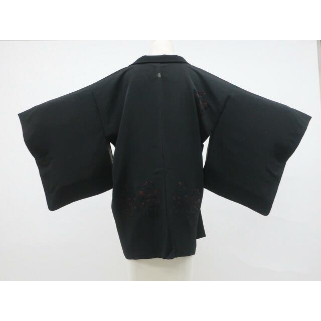 Recycled kimono, black haori, sewn crest, embroidered flower, haori with string, pure silk, kimono, body length approx. 79cm, sleeve length