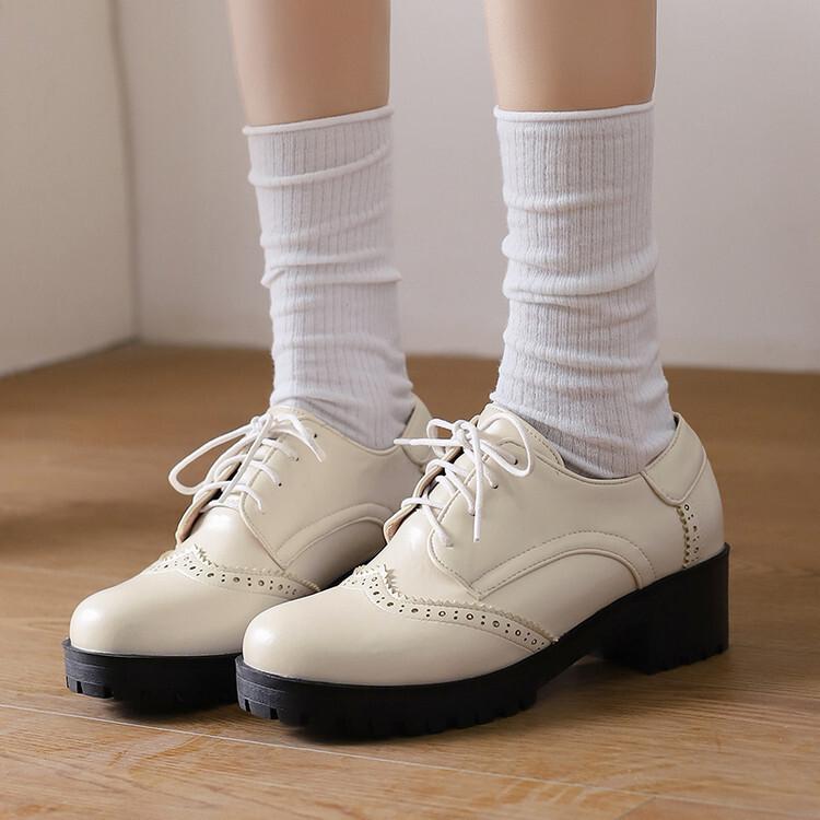Large Size Small Leather Shoes Spring and Autumn Platform Thick Heel Medium High Heels Retro Front Lace-up  Shoes