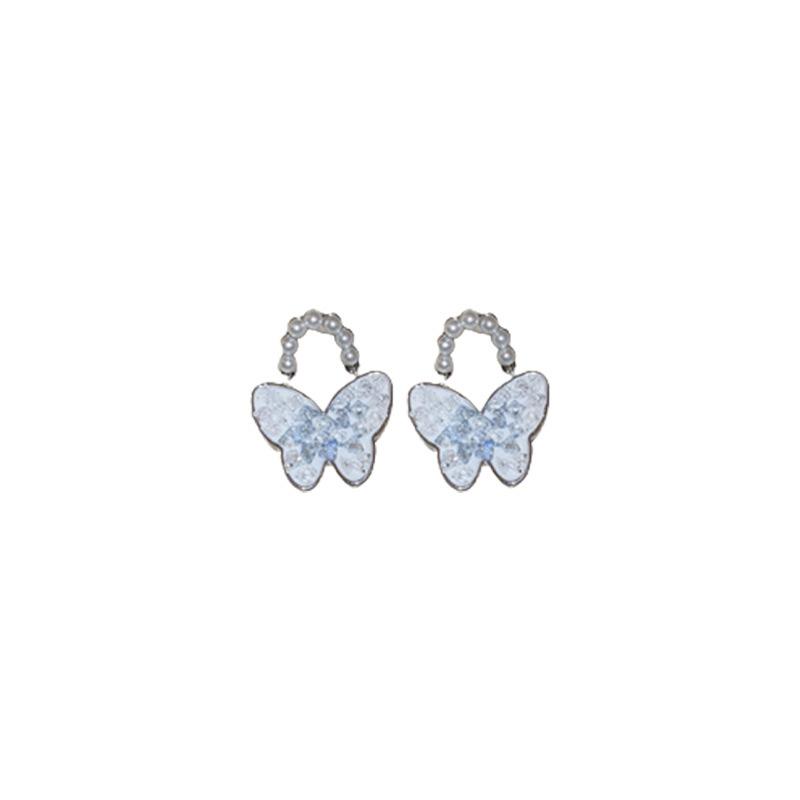 Silver needle butterfly crystal pearl earrings niche light luxury design earrings small fresh simple temperament earrings