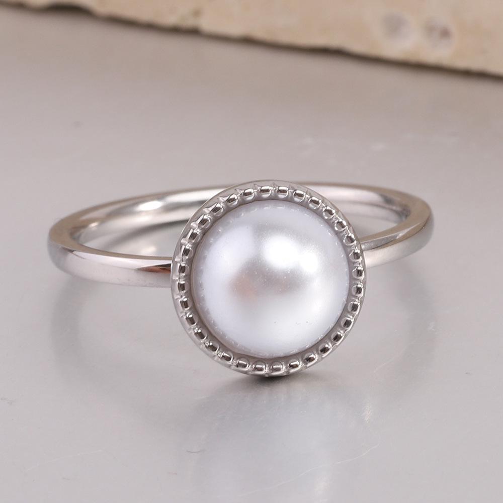 European-American 10MM Pearl Inlaid Stainless Steel Ring with 3MM Band - Versatile Fashion Pattern Size 8