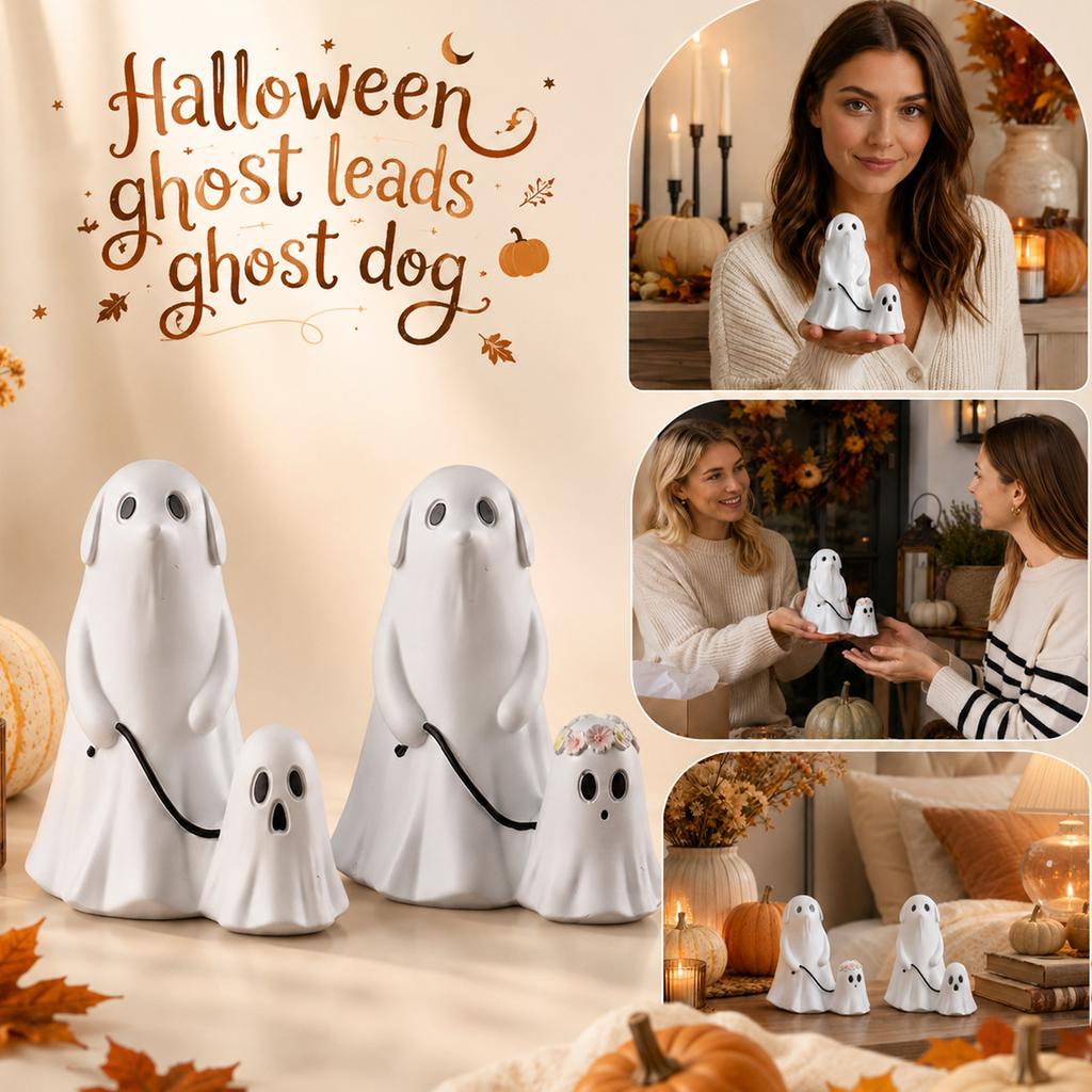Harz Halloween Geisterhund Figur mit Leine und kleiner Geisterdekoration Indoor Tischdekoration für saisonale Heimdekoration