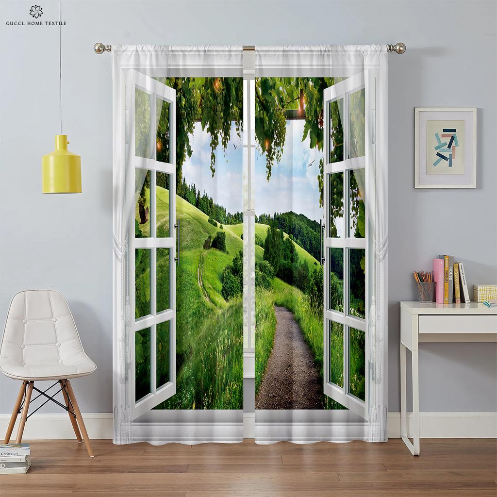 3D Printed Curtains for Window Scenery, Simulation, Modern, Decorative, Bedroom, Living Room, Study, 2Pcs