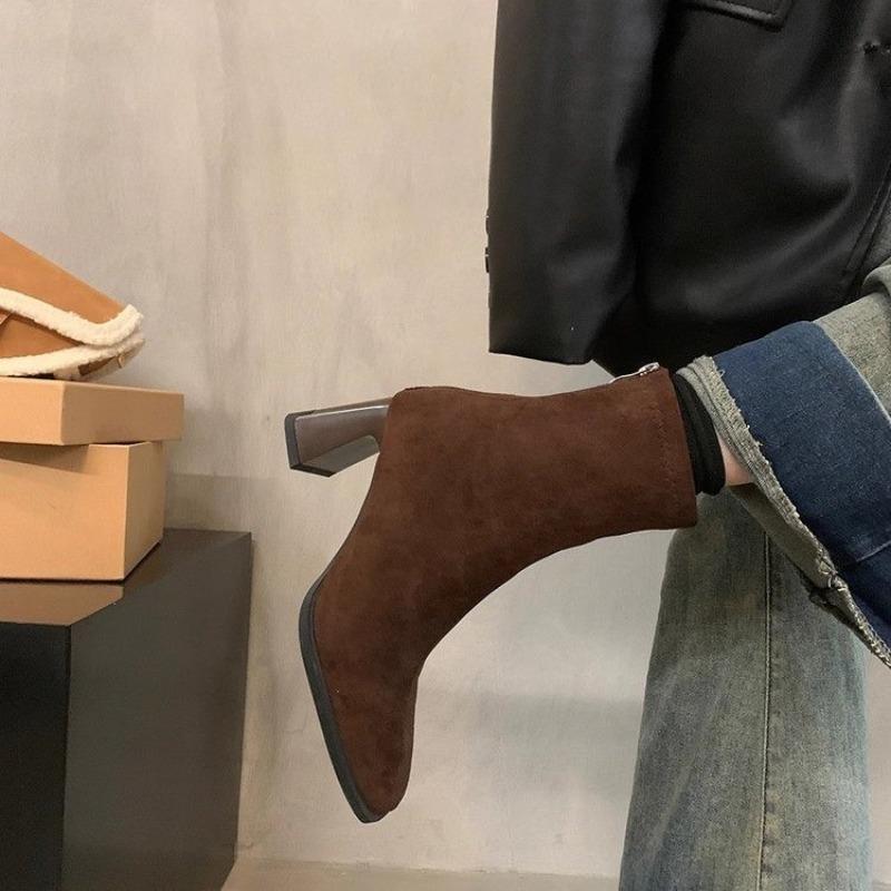 Neue Winter-Kurzplüsch-Damen-Knöchelboots Mode Quadratische Zehenpartie Kurze Stiefel Damen Elegant Niedriger Absatz Lange Stiefel