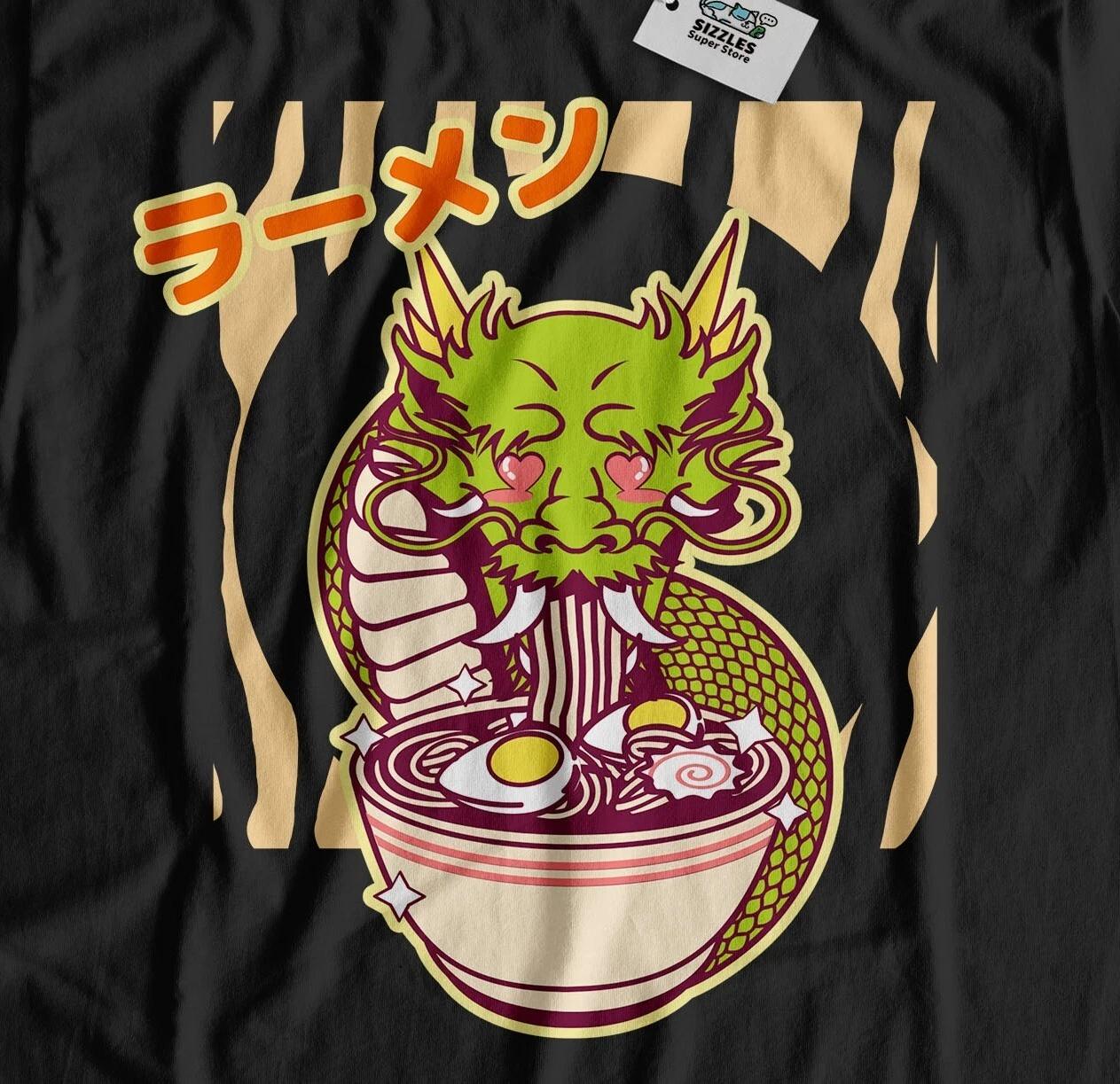 Unisex Funny Dragon Eating Ramen Noodles T-Shirt Japanese Noodles Dish Gifts M
