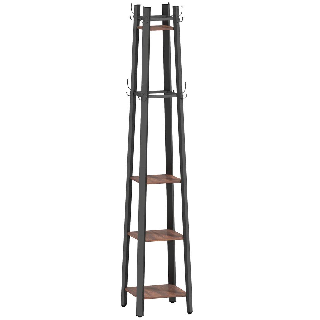 Coat Rack with 4 Levels, Free-Standing Clothes Stand, 8 Hooks, 4 Shelves, Industrial Style, Metal, Chipboard, Brown