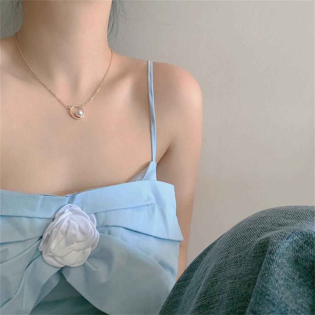 Imitation Pearl Geometric Simple Design Thin Necklace Collarbone Chain for Women Girl