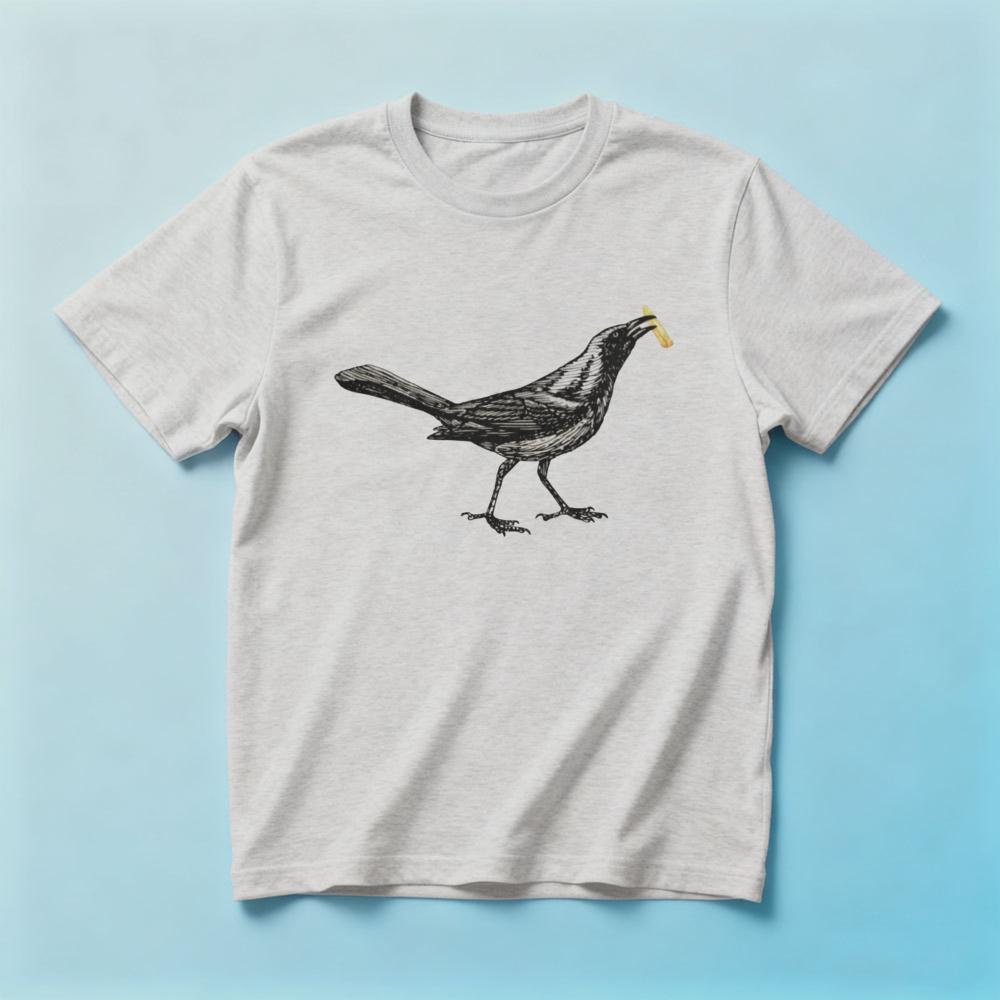 Funny Crow With French Fry Graphic Tshirt Unisexs Casual White Vintage Sketch Bird Print Short Sleeve Cotton Tee Quirky Streetwear