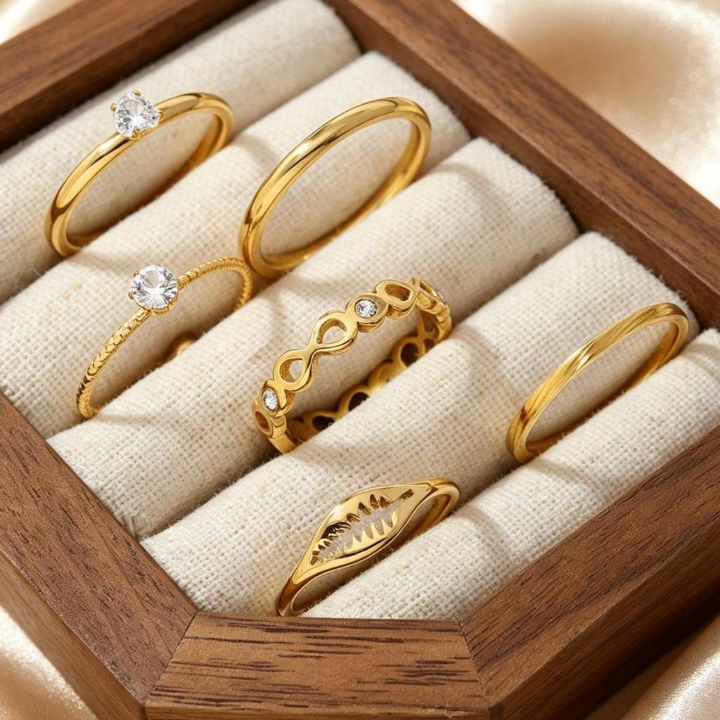 6-Piece Elegant Stainless Steel Zircon Leaf Ring Set for Women