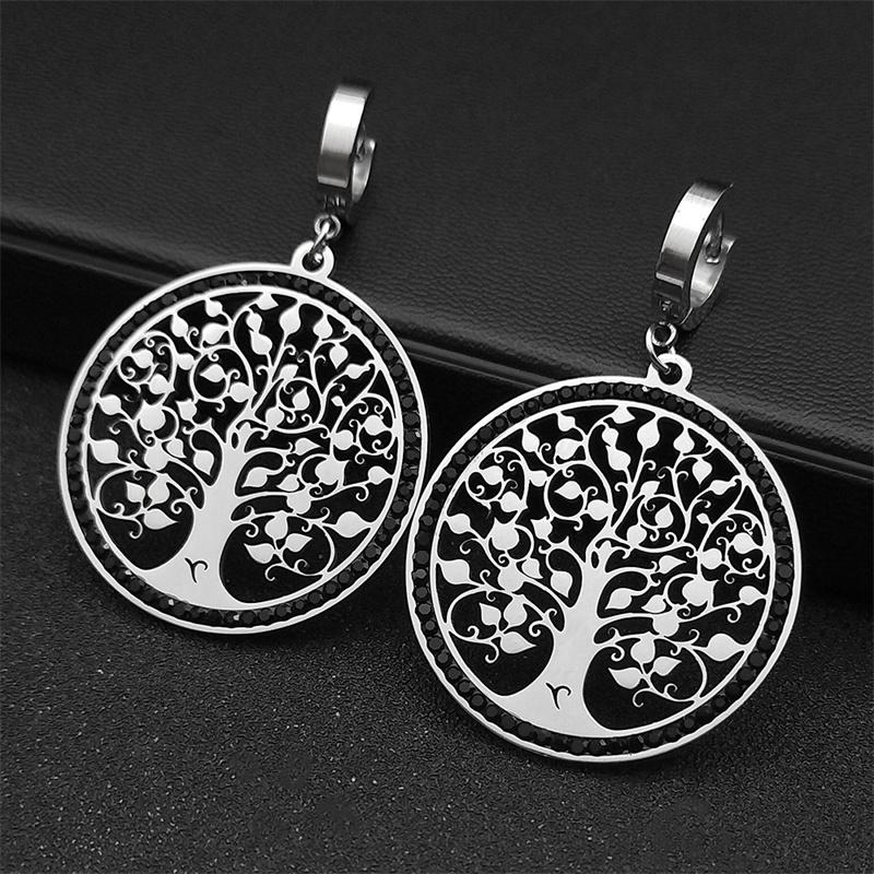 Fashion Tree of Life Stainless Steel Earrings Silver Color Women Dangle Earring Amulet Life Tree Jewelry Party Gift E545S01