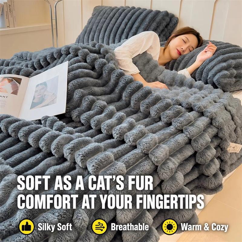 1 Piece Thickened Flannel Blanket Solid Color Soft Fluffy Plush Throws for Sofa Bed Office Travel Coral Rabbit Plush Blanket Winter Thermal Blanket