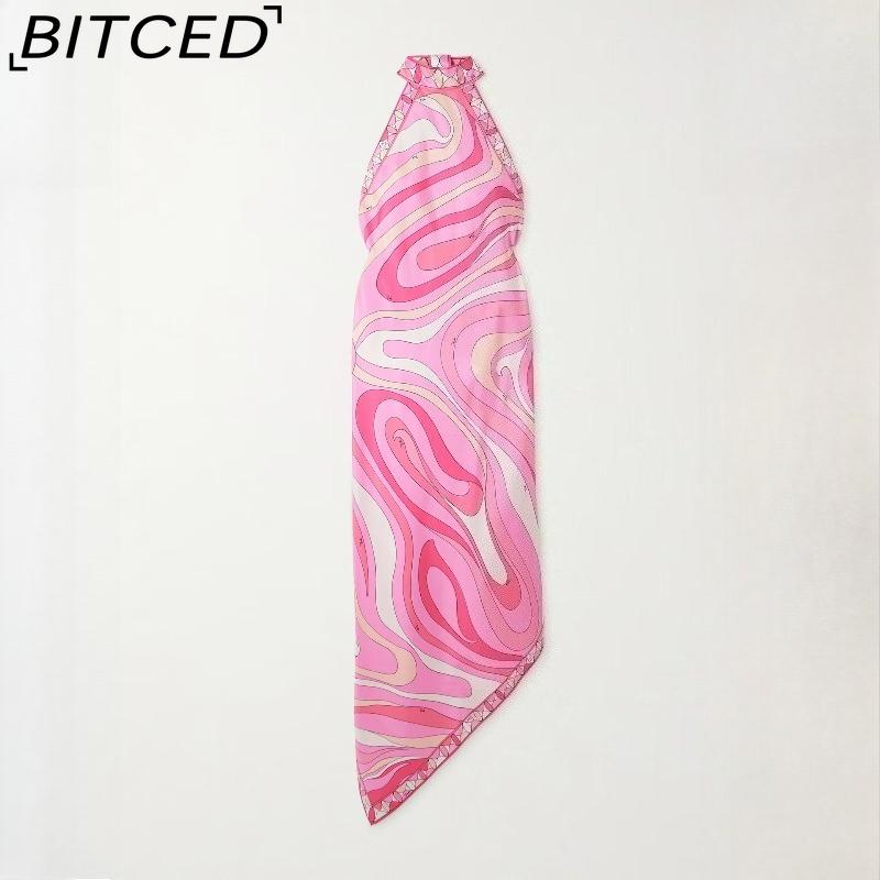 BITCED Women's Summer Sexy Halterneck Backless Printed Satin Holiday Beach Dress