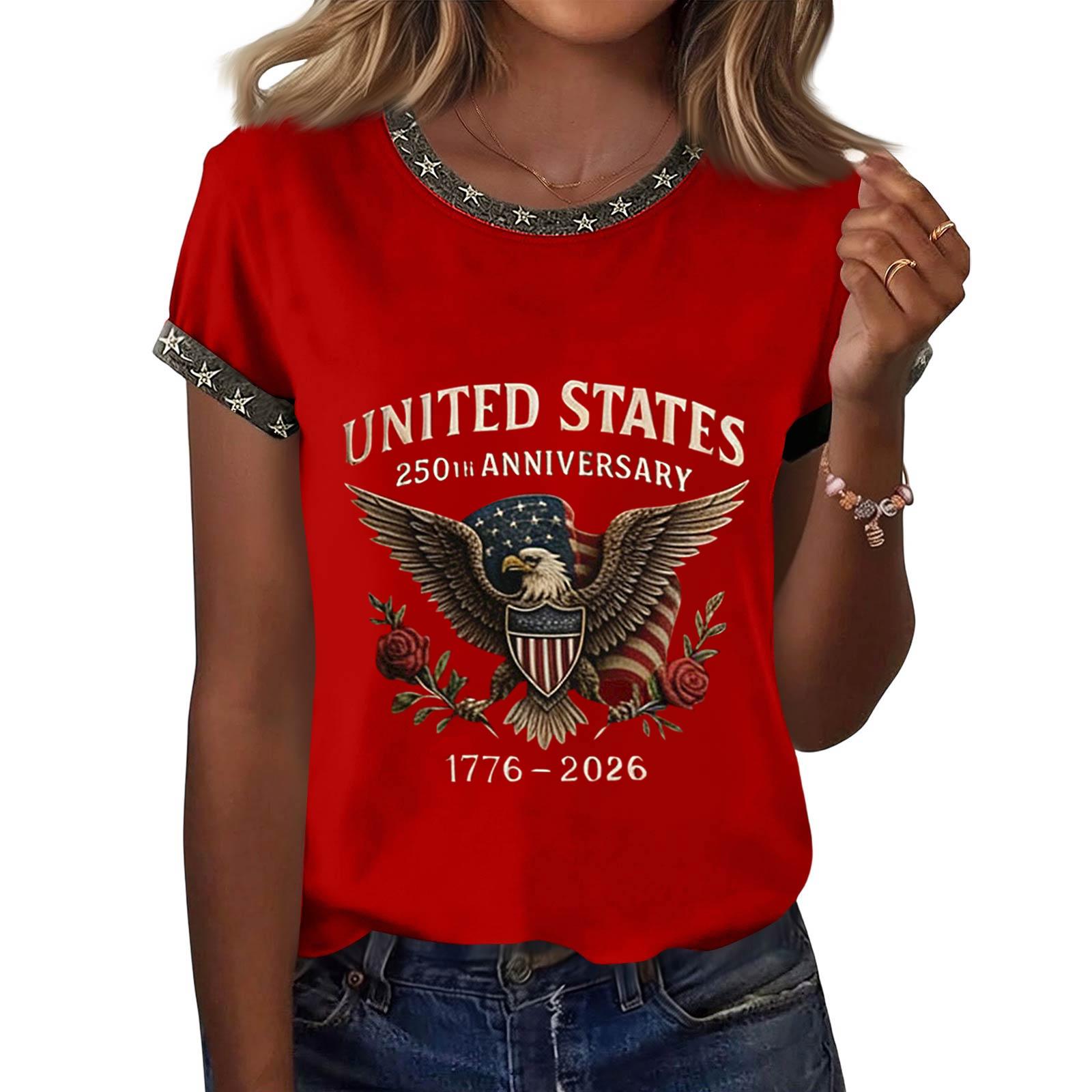Women s Casual Neck Short Sleeve T-Shirt Independence Day Print Pullover Top Summer S красный
