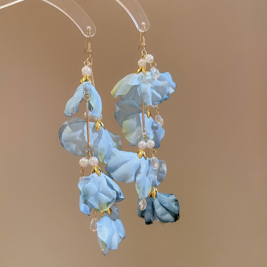 New blue flower fringed earrings, fresh niche design studs, women's summer vacation earrings