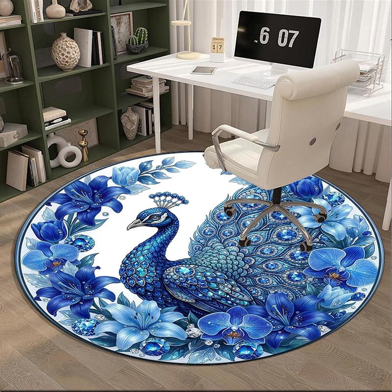Blue Peacock Floral Art Round Carpet Chair Cushion Round Entryway Rug, Soft Round Rugs for Living Room, Bedroom, Circle Carpet Decor Gifts