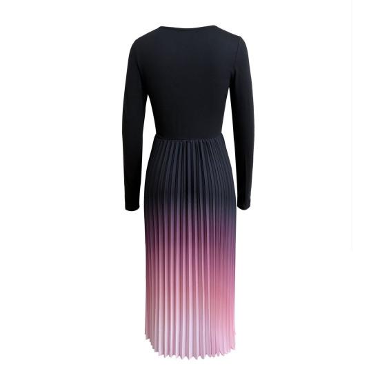 Women's Pleated Gradient Midi Dress Long Sleeve Swing A-line Dress Slim Fit Crew Neck Flowy Cocktail Dress