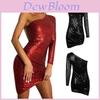 Womens Evening Party Skirt Sexy Single Sleeve Club Dress With Sparkling Night Sequin Shoulder