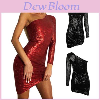 Womens Evening Party Skirt Sexy Single Sleeve Club Dress With Sparkling Night Sequin Shoulder