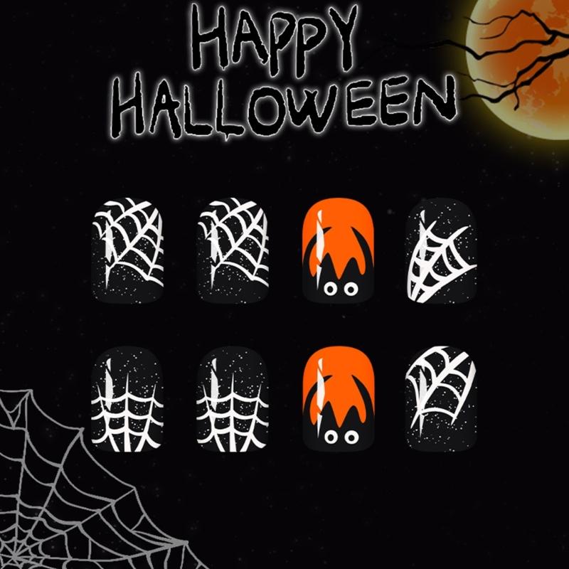 Halloween Black Cobweb Faux Nail Short Square Manicure Tips Sparkling Press On Nail 24pcs Not Require Adhesive