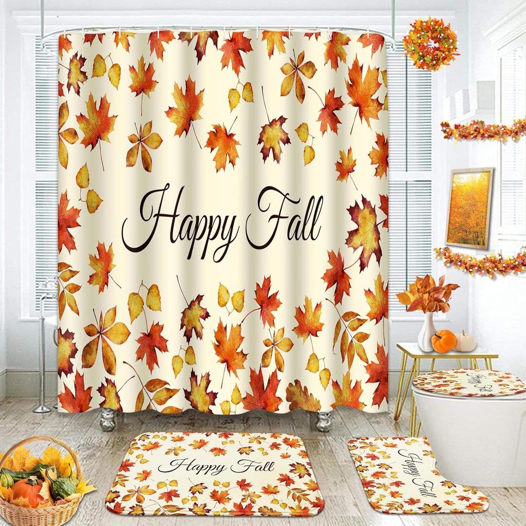 Arttown Fall Shower Curtain Set With Toilet Lid Cover And Non-Slip Rugs, Gnomes Autumn Pumpkins Teal Truck Thanksgiving Harvest