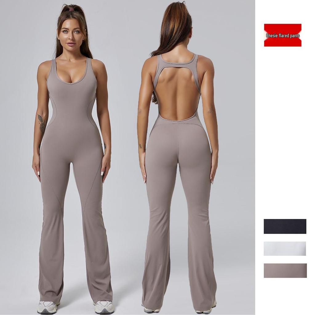 Premium Women's Yoga Suit - Peach Hip-Lifting One-Piece with Flared Pants