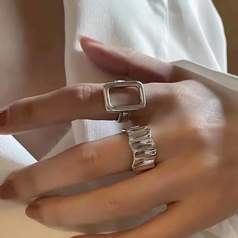 Personality Silver Color Hollow Square Geometric Mens Ring Set Punk Irregular Wave Stainless Steel Rings for Women Rock Jewelry
