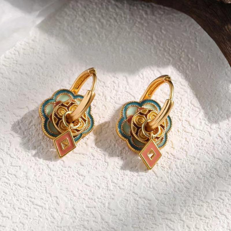 Chinese drip glaze circle ear buckle retro color enamel new removable multi-wear light luxury high-end ethnic earrings