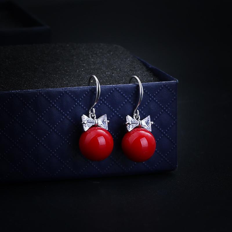911 Silver Red Pearl Stud Earrings Celebrity Luxury Bow Zircon Versatile Internet celebrity hipster earrings