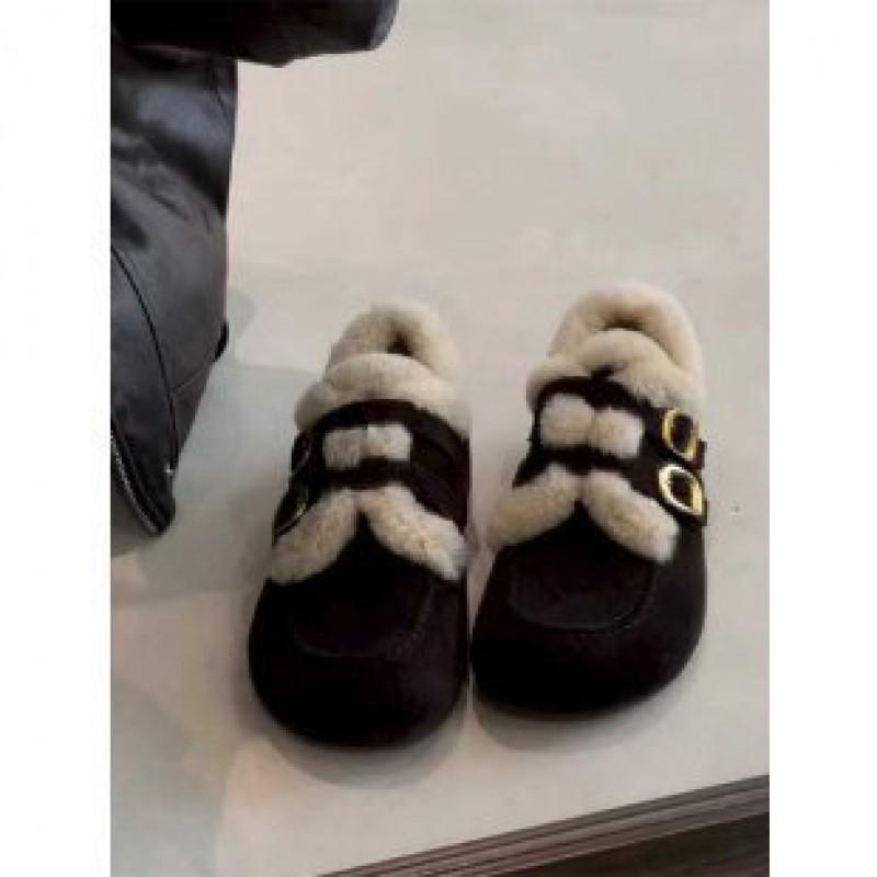 Womens Chunky Sole Slip-On Loafer Boots Round Toe Faux Suede Wool-Lined Warm Winter Mules