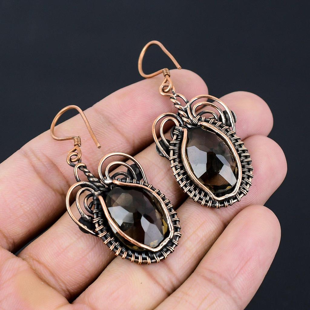 Beautiful Smoky Topaz Gemstone Handmade Pure Copper Wire Wrapped Earring Jewelry