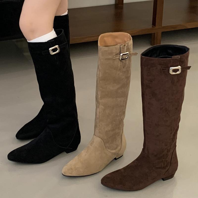 Fashion Eilyken 2025 New Winter Design Vintage Pointed Toe Knee High Boots Women Low Heels Splicing Buckle Strap Female Shoes