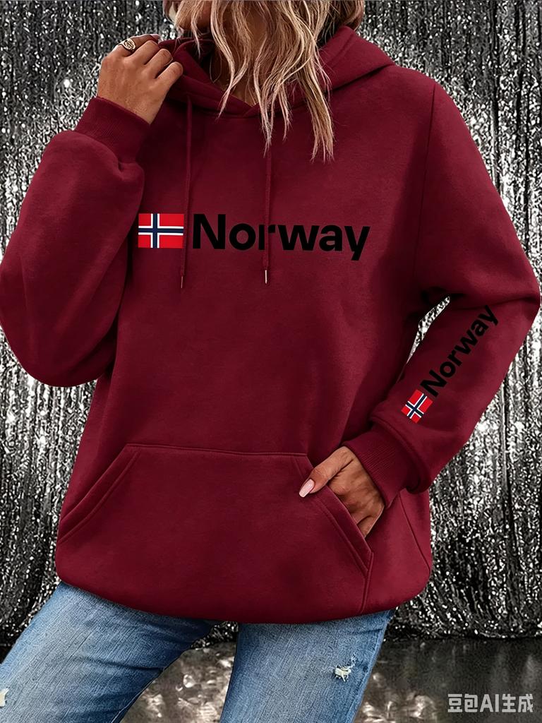 Norwegian flag letter print men's hooded sweatshirt, long sleeves with pockets, casual ethnic style street sportswear.