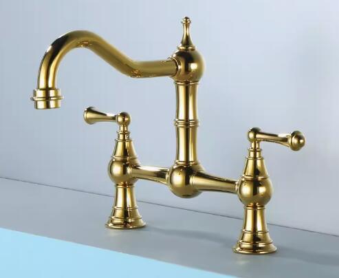 Grifo para Fregadero de Cocina Rotación Total Latón Sin Plomo Clásico Doble Palanca Mezclador para Fregadero de Cocina Dorado Cromado Estilo Americano