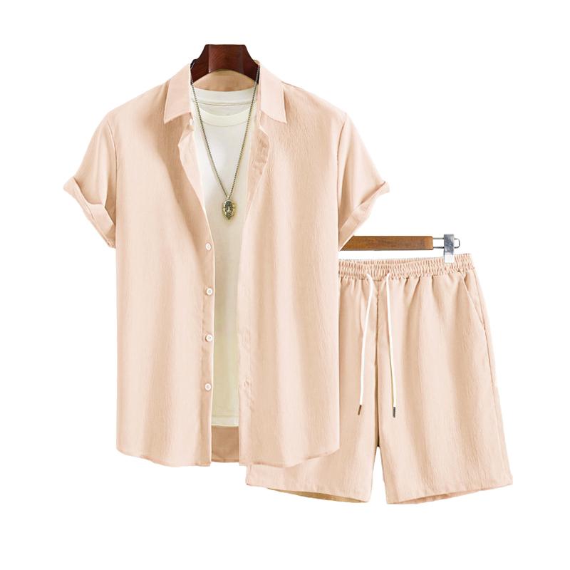 Men Wrinkle Textured 2 Piece Set Short Sleeve Button Shirt & Drawstring Shorts Summer Beach Casual Matching Outfit