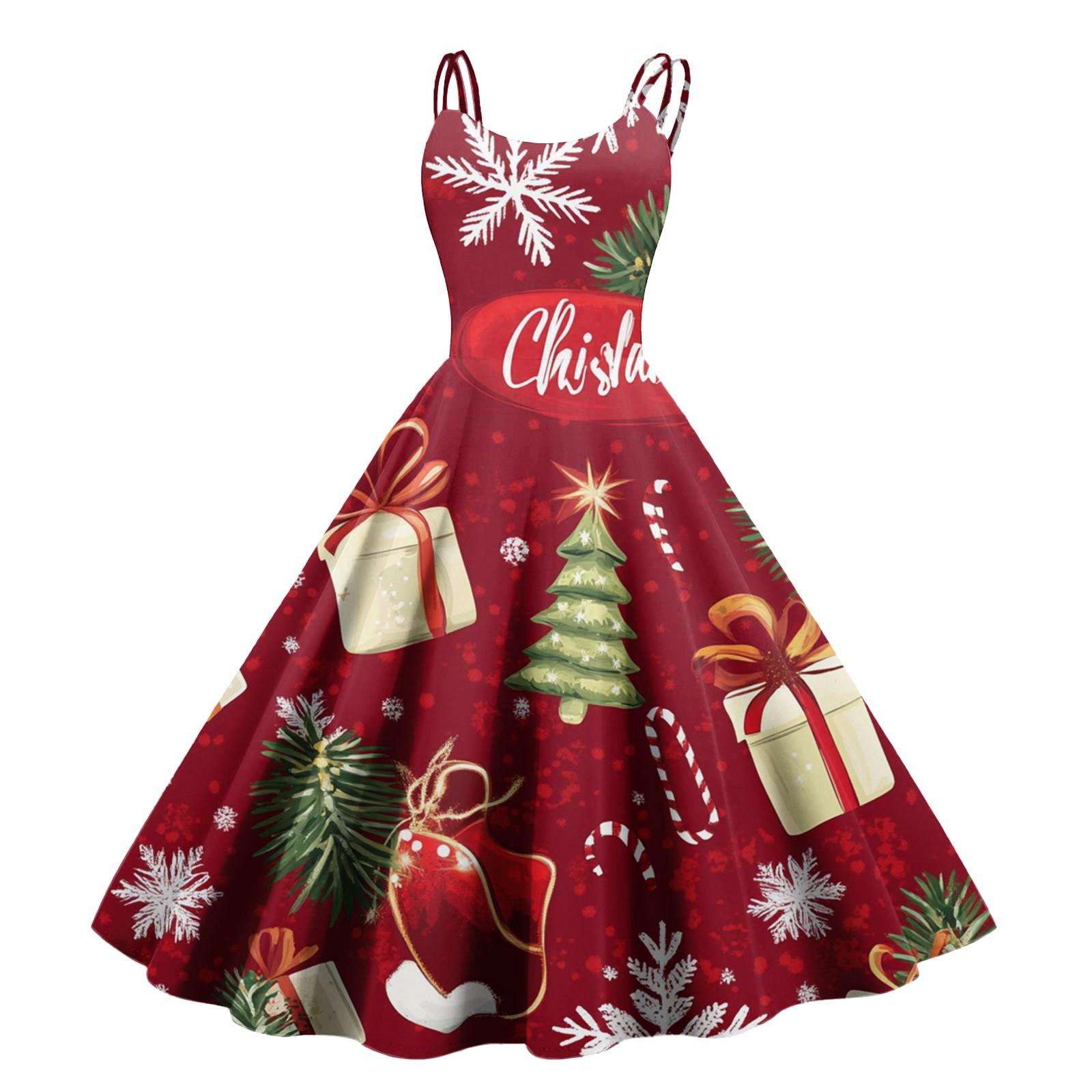 

Женские рождественские подарки, напечатанная шапка Санты, сексуальное платье с открытыми плечами в стиле панк-винтаж XL красный