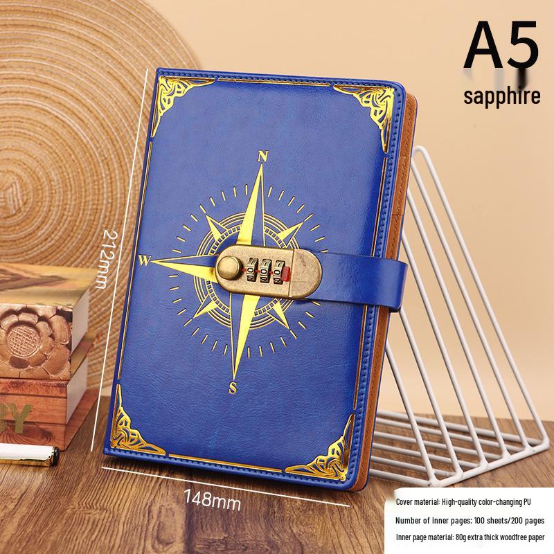 Блокнот A5 с ретро-замком-кодом: Толстый студенческий дневник для записей в японском корейском стиле королевский синий